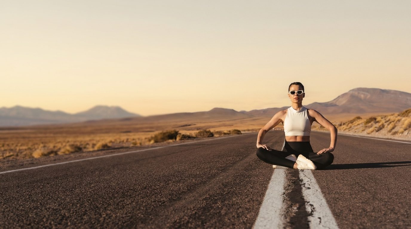 Malú meditando en una carretera del desierto de Atacama